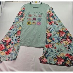 Women of the Bible Floral Graphic Top Sage Green Long Drape Sleeve Christian Tee